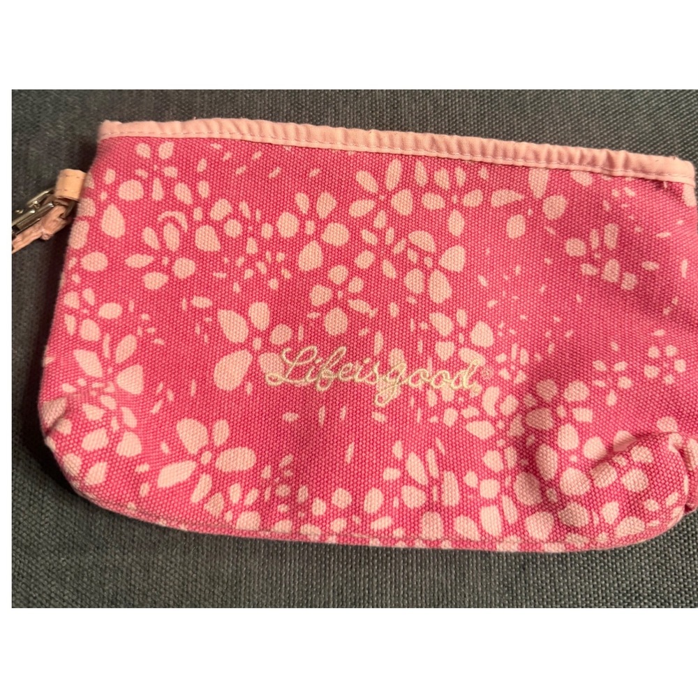 Life is Good Pink Floral Canvas Zipper Pouch Wristlet‎ Makeup Bag Daisy Pattern